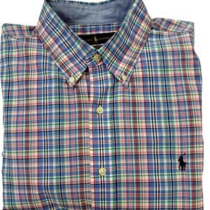 Ralph Lauren Multi-Color Pink Blue Plaid Button Down Shirt Cotton Stretch